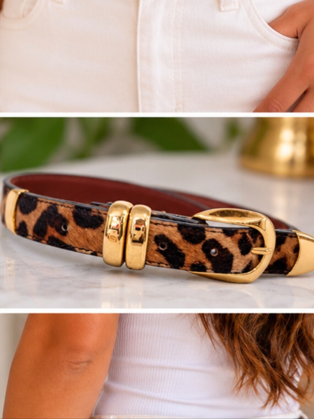 Vintage Leopard Print Calf Hair Leather Belt Gold Hardware. Size Medium - Picture 3 of 16